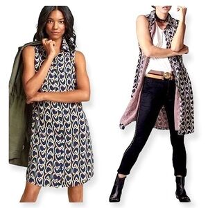 CAbi #5370 Armour Blue Heart Chain Print Sleeveless Shirtdress Size Small